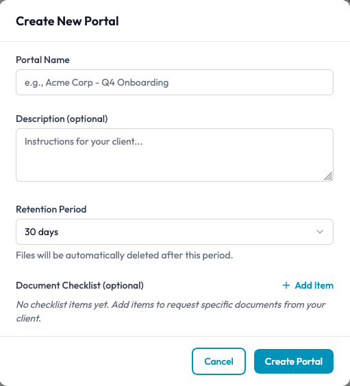 Screenshot of the create portal modal