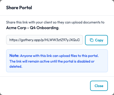 Screenshot of the share portal modal