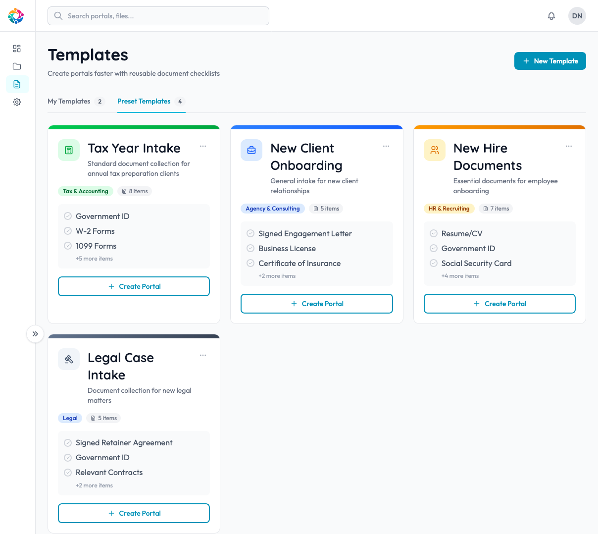 Product preview showing a template library with different upload portal templates for different use cases